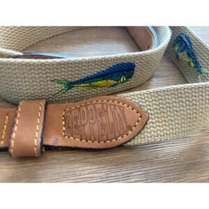 Zep-Pro Canvas Belt 44 Khaki Leather Trim Brass Buckle Fish Embroidered Made USA